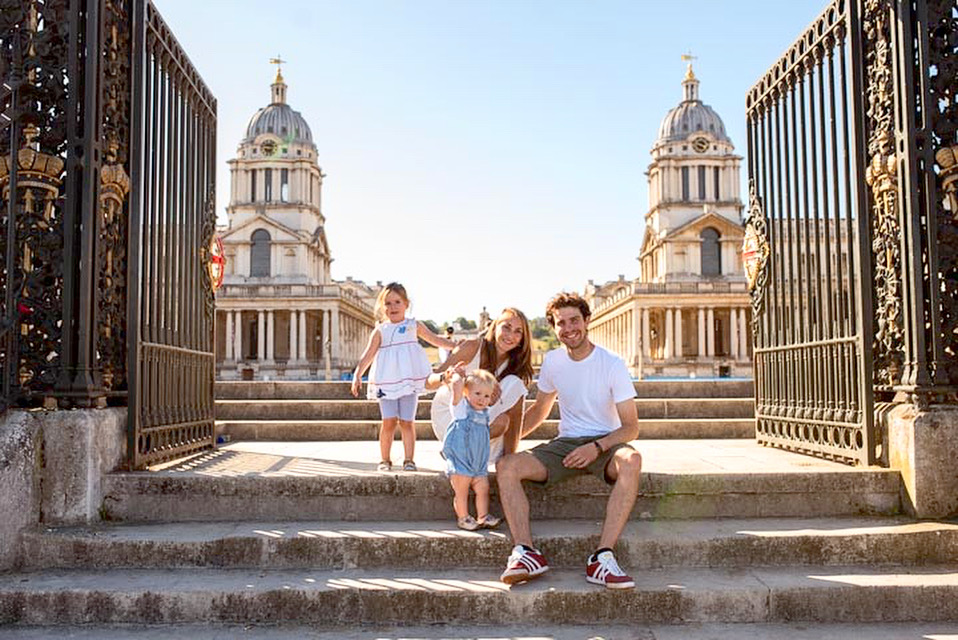 Old Royal naval College Family pose in front of dome building
